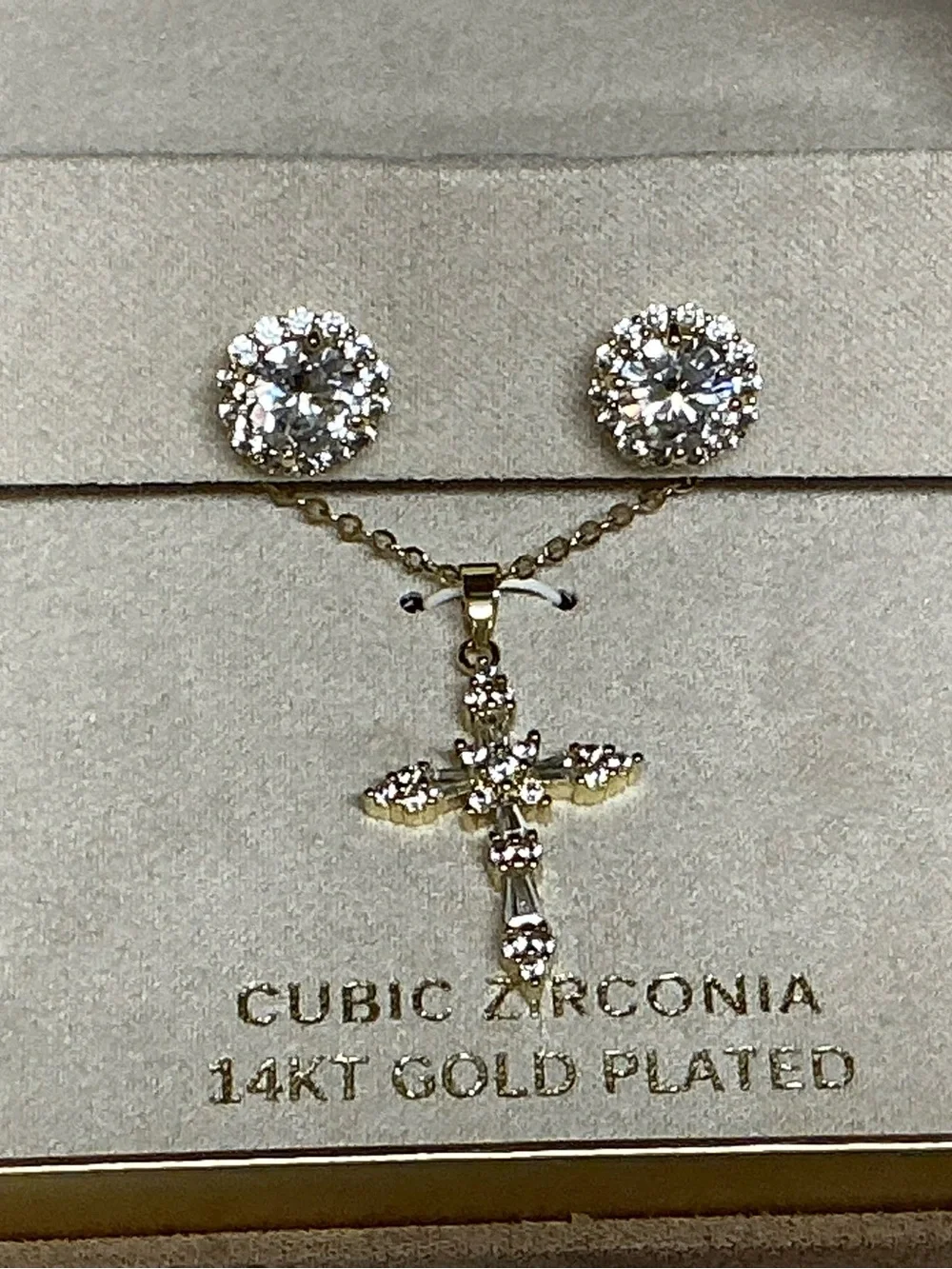 14KT Gold Plated Cubic Zirconia Cross Pendant Necklace and Stud Earrings - Gold